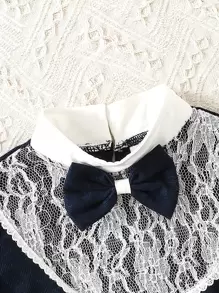 Niñas Vestido con encaje en contraste ribete con fruncido con lazo delantero - Azul Marino - Ver 4