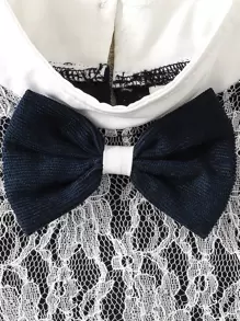 Niñas Vestido con encaje en contraste ribete con fruncido con lazo delantero - Azul Marino - Ver 5