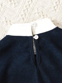 Niñas Vestido con encaje en contraste ribete con fruncido con lazo delantero - Azul Marino - Ver 6