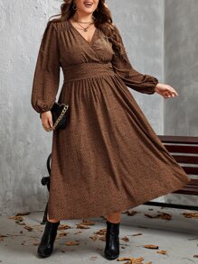 SHEIN Clasi Plus Allover Print Lantern Sleeve Dress - Coffee Brown - View 1