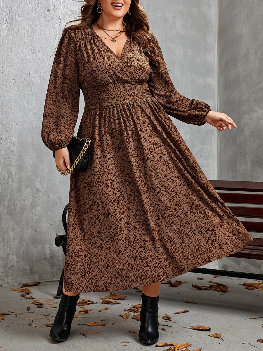 SHEIN Clasi Plus Allover Print Lantern Sleeve Dress - Coffee Brown - View 1