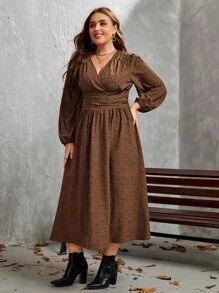 SHEIN Clasi Plus Allover Print Lantern Sleeve Dress - Coffee Brown - View 3