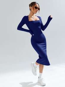 SHEIN EZwear 方領高衩緊身連衣裙 - 寶藍色 - 查看 4