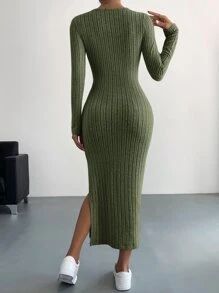 SHEIN Essnce Solid Split Thigh Bodycon Dress - Army Green - View 2