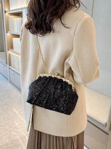 閃爍耀眼,華麗典雅,精美的亮片和鑽石裝飾鏈狀可拉伸包,是婚禮、舞會、派對等活動的完美新娘包/晚宴袋,晚宴聚會的晚宴包,派對女孩、女人喜愛,最適合在派對、婚禮、舞會或晚宴上使用,為女性帶來最好的禮物 - 黑色 - 查看 6