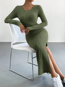 SHEIN Essnce Solid Split Thigh Bodycon Dress - Army Green - View 4