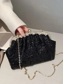 閃爍耀眼,華麗典雅,精美的亮片和鑽石裝飾鏈狀可拉伸包,是婚禮、舞會、派對等活動的完美新娘包/晚宴袋,晚宴聚會的晚宴包,派對女孩、女人喜愛,最適合在派對、婚禮、舞會或晚宴上使用,為女性帶來最好的禮物 - 黑色 - 查看 7