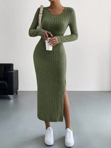 SHEIN Essnce Solid Split Thigh Bodycon Dress - Army Green - View 5