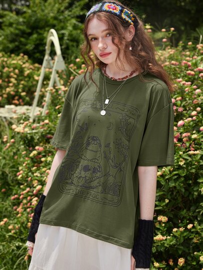 Fairycore Skull Print Drop Shoulder Tee