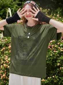 ROMWE Fairycore 骷髅頭圖案落肩T恤 - 軍綠色 - 查看 2