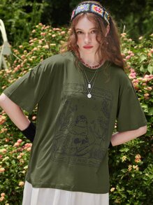 ROMWE Fairycore 骷髅頭圖案落肩T恤 - 軍綠色 - 查看 5