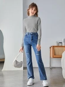 SHEIN Teen Girls Striped Mock Neck Tee - Black and White - View 4