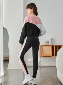 SHEIN Teen Girls Colorblock Sweatshirt & Leggings - Multicolor - View 2