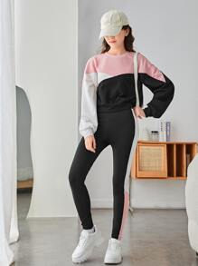 SHEIN Teen Girls Colorblock Sweatshirt & Leggings - Multicolor - View 4