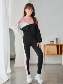 SHEIN Teen Girls Colorblock Sweatshirt & Leggings - Multicolor - View 6