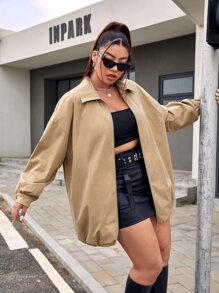 SHEIN EZwear Plus Drop Shoulder Zip Up Coat - Khaki - View 3