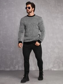 Manfinity 男士拼接邊套頭毛衣 - 灰色 - 查看 3