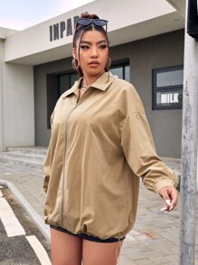 SHEIN EZwear Plus Drop Shoulder Zip Up Coat - Khaki - View 4