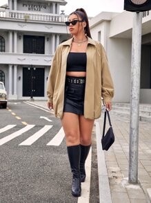 SHEIN EZwear Plus Drop Shoulder Zip Up Coat - Khaki - View 5