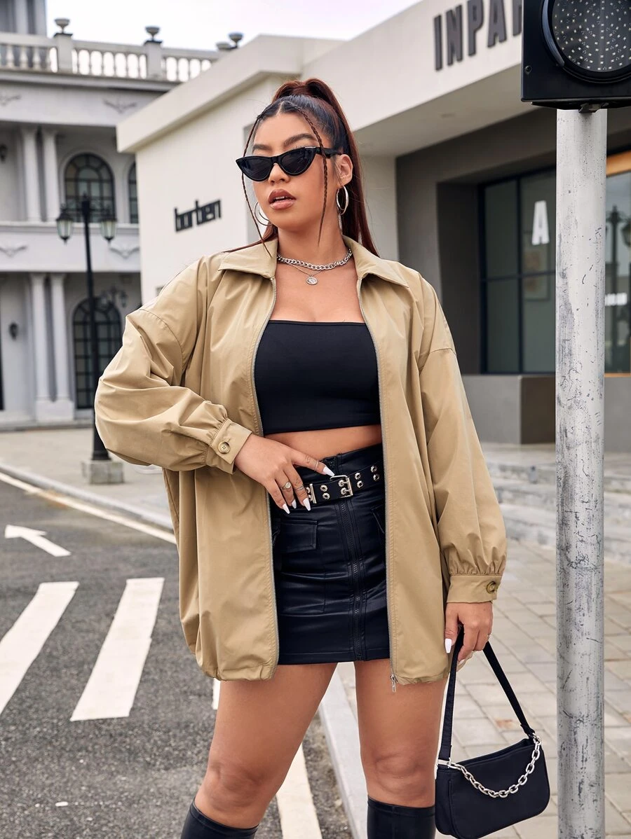 SHEIN EZwear Plus Drop Shoulder Zip Up Coat - Khaki - View 1