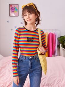 SHEIN Teen Girls Butterfly Print Rainbow Striped Tee - Multicolor - View 2