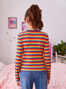 SHEIN Teen Girls Butterfly Print Rainbow Striped Tee - Multicolor - View 3