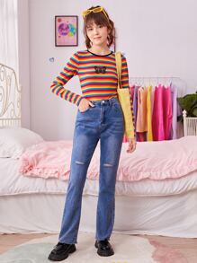 SHEIN Teen Girls Butterfly Print Rainbow Striped Tee - Multicolor - View 4