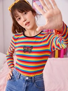 SHEIN Teen Girls Butterfly Print Rainbow Striped Tee - Multicolor - View 1