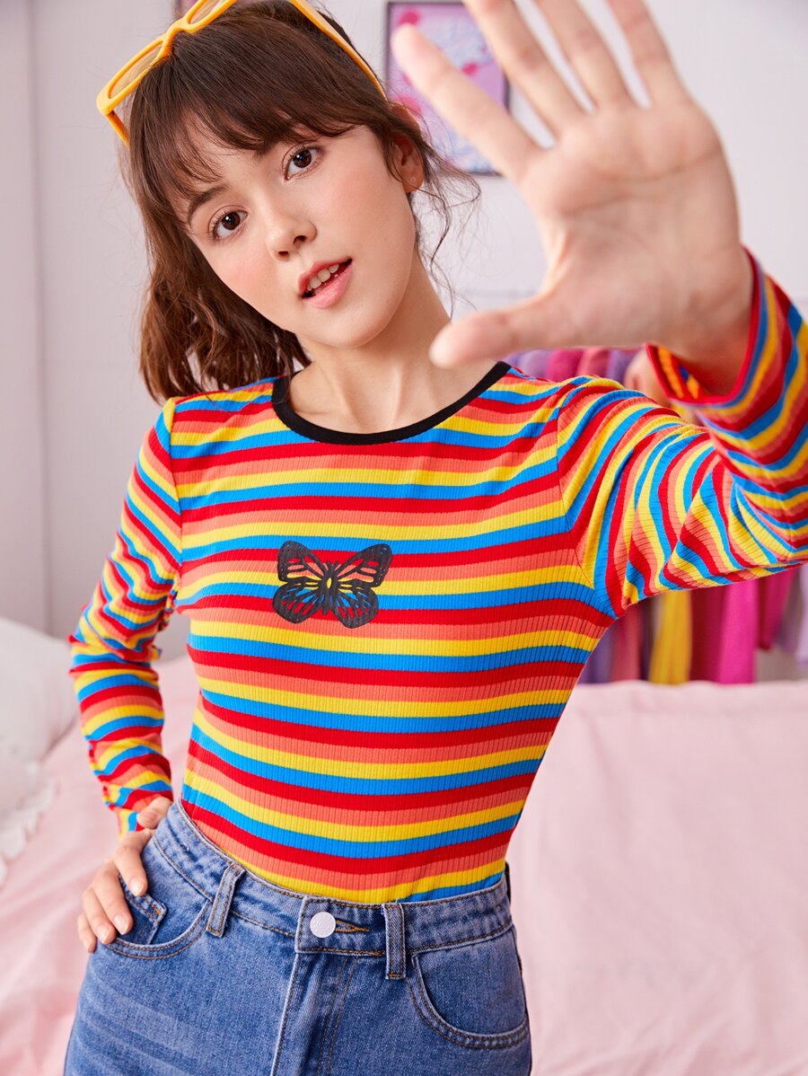 SHEIN Teen Girls Butterfly Print Rainbow Striped Tee - Multicolor - View 1