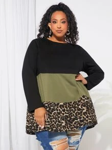 SHEIN CURVE+ Plus Leopard Print Colourblock Tee - Army Green - View 1