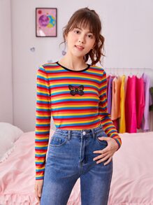 SHEIN Teen Girls Butterfly Print Rainbow Striped Tee - Multicolor - View 6