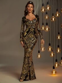 Faeriesty Đầm dạ hội maxi dài tay cổ tim thanh lịch dành cho nữ, chân váy đuôi cá ôm sát cơ thể, co giãn thoải mái, họa tiết đính sequin lấp lánh độc đáo, hoàn hảo cho thảm đỏ, dạ hội, đám cưới và các bữa tiệc sang trọng. Thích hợp cho tiệc cưới, dạ hội hóa trang, tiệc vườn huyền bí, tiệc tối trang trọng, sự kiện thắt cà vạt đen, váy tốt nghiệp và trang phục sinh nhật cho nữ, váy mùa xuân, trang phục mùa hè. - Vàng - Xem 5