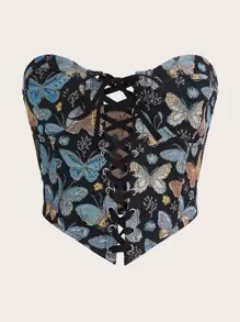 SHEIN ICON Butterfly Print Lace Up Tube Top - Multicolor - View 1