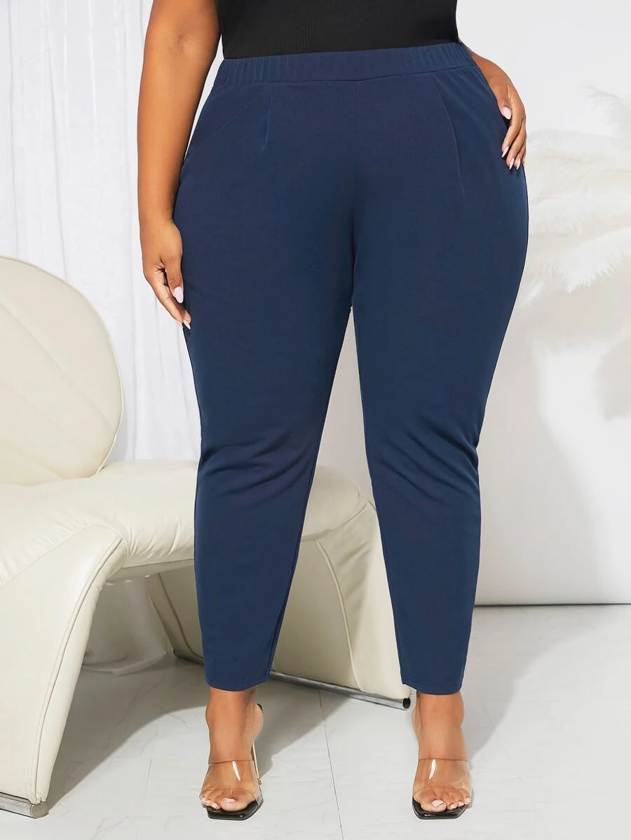SHEIN CURVE+ Celana Ukuran Plus Plain Casual - Navy Blue - View 1