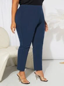 SHEIN CURVE+ Celana Ukuran Plus Plain Casual - Navy Blue - View 3