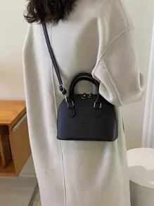 蛇皮壓花手提包雙把手貝殼包 - 黑色 - 查看 7