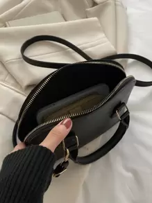 蛇皮壓花手提包雙把手貝殼包 - 黑色 - 查看 5