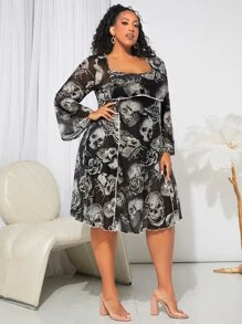 SHEIN CURVE+ Plus Skull Print Seam Front Mesh Dress - Multicolor - View 5