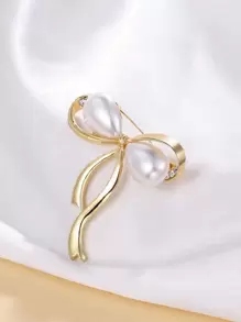 人造珍珠装饰蝴蝶结设计胸针 情人节、妈妈、母亲、母亲节、礼物 - 金黃色 - 查看 3