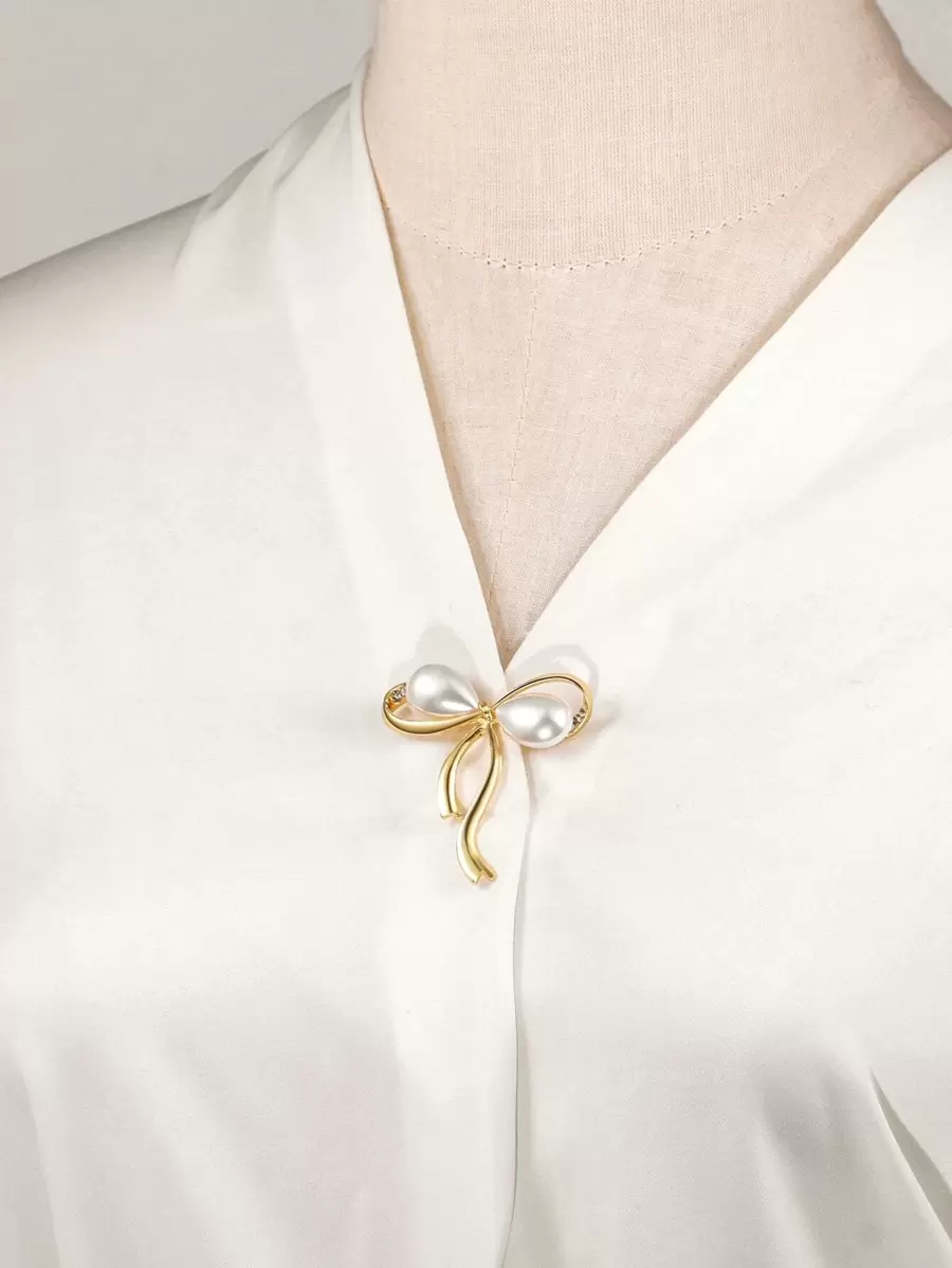 人造珍珠装饰蝴蝶结设计胸针 情人节、妈妈、母亲、母亲节、礼物 - 金黃色 - 查看 1