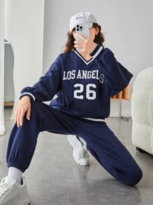 SHEIN Teen Girls Thermal Letter Graphic Drop Shoulder Sweatshirt & Sweatpants - Navy Blue - View 2