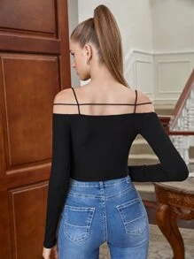 SHEIN MOD Áo thun dệt kim có gân lạnh có dây buộc bằng kim loại, đi chơi hàng đầu - màu đen - Xem 5