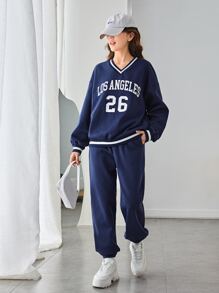 SHEIN Teen Girls Thermal Letter Graphic Drop Shoulder Sweatshirt & Sweatpants - Navy Blue - View 1