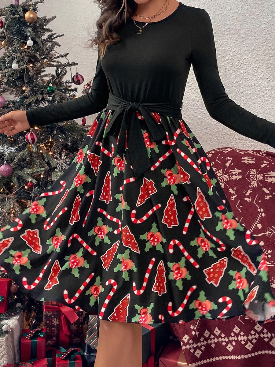 Christmas Print Belted Dress - Black - View 1