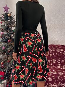 Christmas Print Belted Dress - Black - View 2