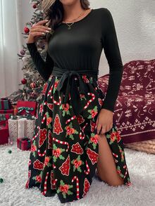 Christmas Print Belted Dress - Black - View 4