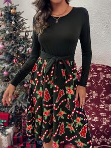 Christmas Print Belted Dress - Black - View 5