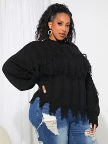 SHEIN CURVE+ Suéter roto de hombros caídos - Negro - Ver 3