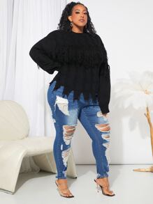 SHEIN CURVE+ Suéter roto de hombros caídos - Negro - Ver 6