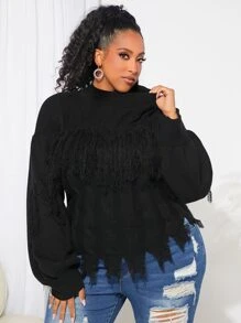 SHEIN CURVE+ Suéter roto de hombros caídos - Negro - Ver 2